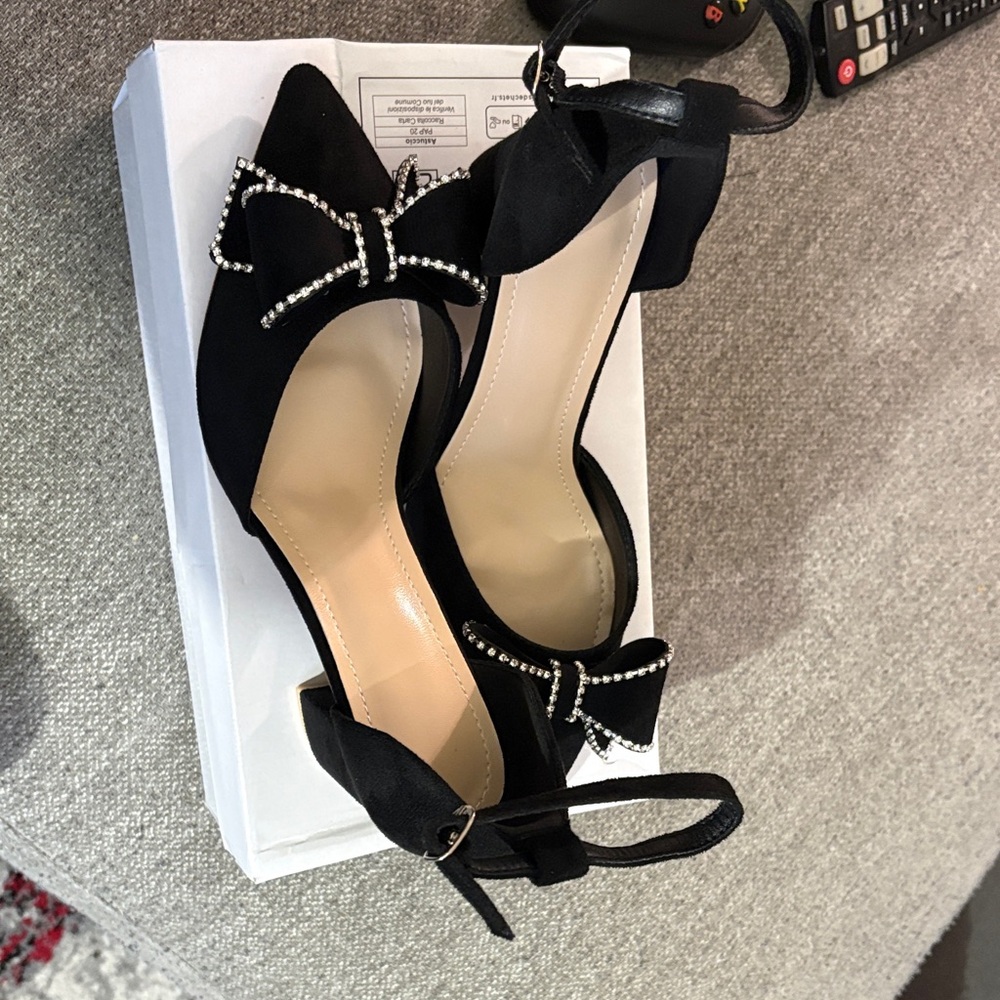 Black Women's Rhinestone Bow Ankle Strap Flats